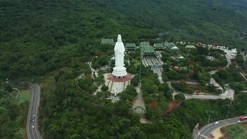 Drone, mountain and nature with road for travel, adventure or vacation in Vietnam