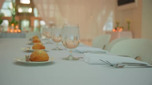 Luxury Restaurant Banquet White Table Set Up Served Dinner Tableware Move Camera Footage