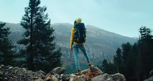 Hiker Female Stand on Mountain Edge with Tourist Backpack on Evening Trip