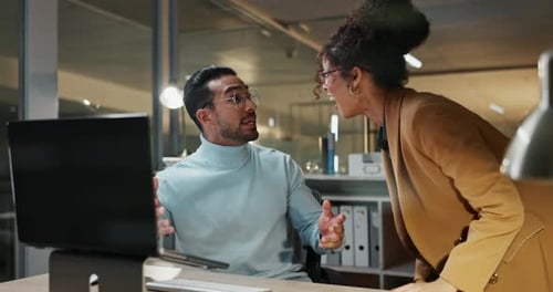 Collaboration, success and high five with business people in office together for surprise