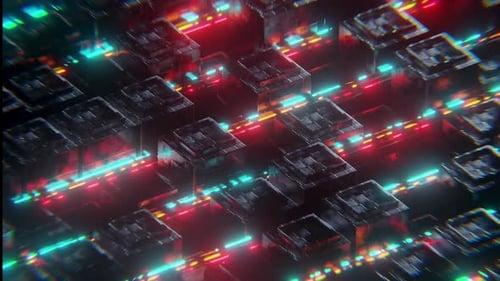 Futuristic Data Flow Through Abstract Neon Grid