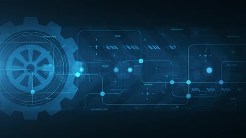 Futuristic Blue HUD Interface with Rotating Gear Background
