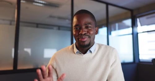 Face, wave and black man in video call for business, online meeting and communication in office