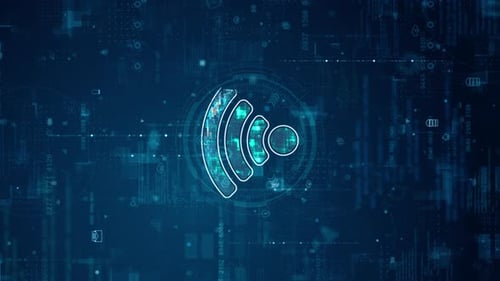 Blue digital WIFI logo and futuristic circle HUD with big data