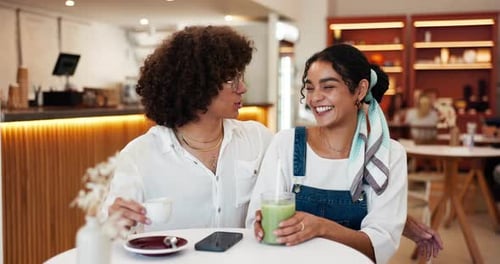 Couple, date and talking with laughing in cafe for funny conversation, bonding together