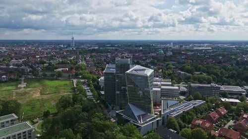 Aerial drone view of Modern architecture buildings in Münster , Germany