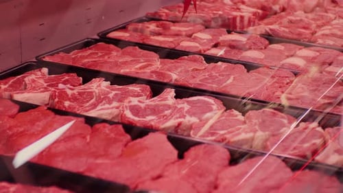 Window seen range of fresh meat precuts for grill or barbecue.