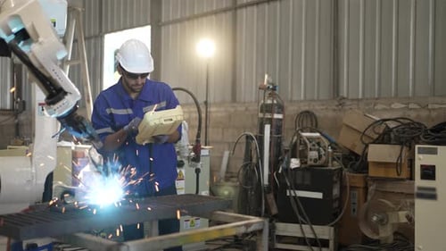 Arbeiter in der Maschinenwerkstatt mit Schweißroboterarm.