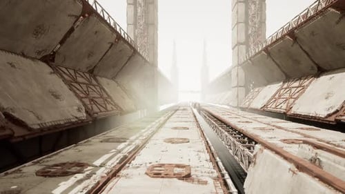 Cena industrial abandonada Rusty Walkway se estende em direção ao horizonte