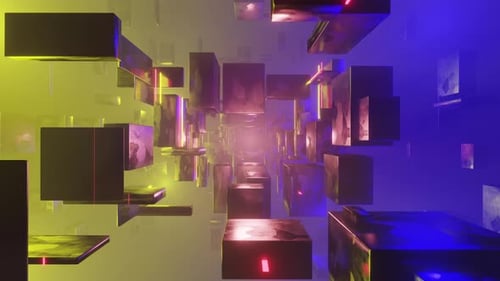 Sci-fi tunnel in a foggy space with rotating geometry shrinks and expands 3d render. Industrial