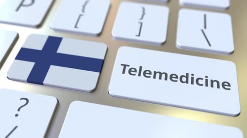 Finger Presses Telemedicine Key on a Finnish Flag Keyboard