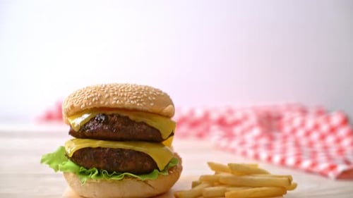 Double Cheeseburger with Fries on a Board