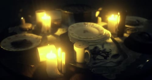 Warm Candlelight Flickering on Dinner Table Ambiance Overlay