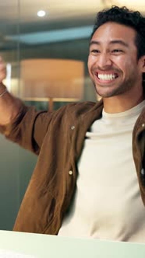 Success, excited and computer with business man in office for profit, account goal and evening