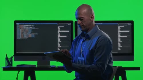 Porträt eines Softwareentwicklers mit Tablet und Computern vor der grünen Mauer