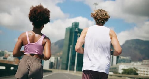 Back, couple and running for fitness in city for exercise, cardio and workout of marathon practice