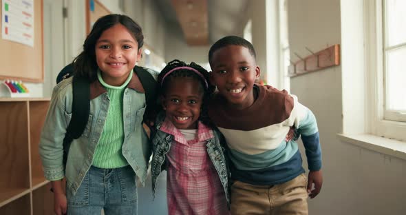 Hug, education and face of students in school for knowledge, study ...