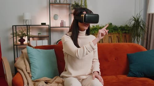 Woman Using VR Headset in Living Room