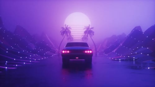 Dark Foggy Landscape With Riding Car Synth Wave Background Loop