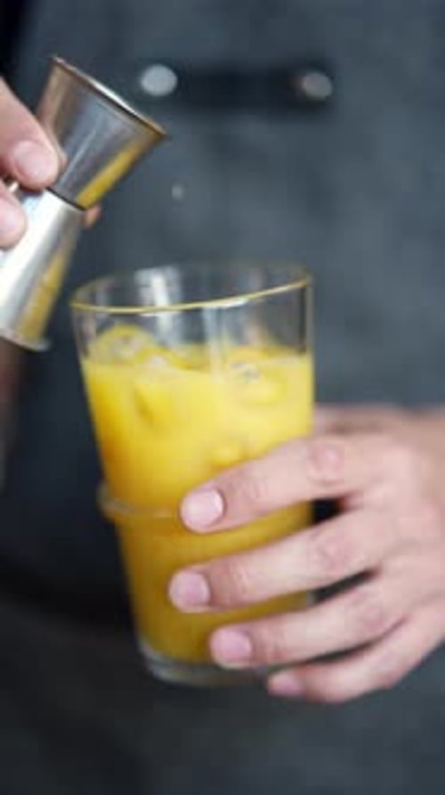 Bartender Mixing Delicious Drink with Ice and Juice