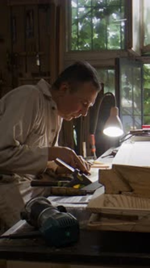 Craftsman Working with Wood in His Workshop