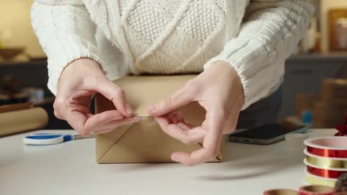 Hands Wrapping a Present with Brown Paper and Tape