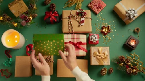 Hands Arranging Christmas Gifts on Green Background