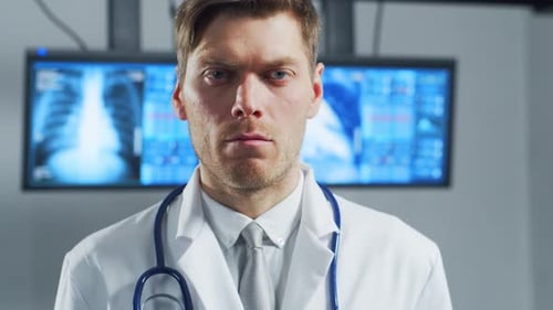 Professional Medical Doctor Working in Hospital Office Using Computer Technology Medicine and