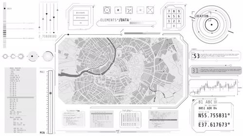 Animação de uma interface de alta tecnologia com um mapa da cidade