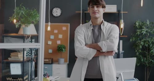 Slow Motion Portrait of Confident Middle Eastern Man Crossing Arms Smiling Standing in Modern Office