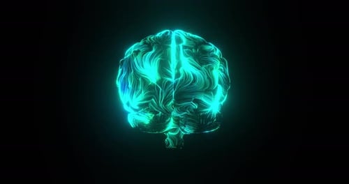 Vista posterior del cerebro azul de inteligencia artificial con flujo de energía