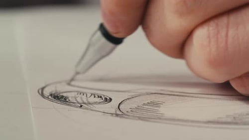 Nahaufnahme des Zeichnens einer 3D-Brille mit dem Stift auf einem weißen Papier VR-Entwickler, der Skizzen für das Virtuelle erstellt