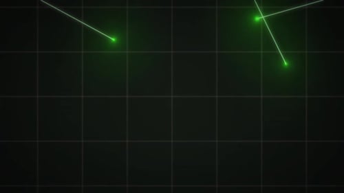 Animation of glowing green points with light trails moving on grid on black background