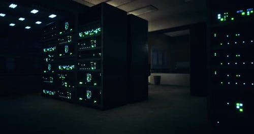 Servers Illuminate a Dark Data Center During Nighttime Operations