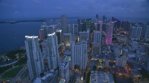 Miami, Florida Circa-2019. Aerial View of Miami at Dusk. From Helicopter