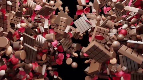 Sweet 3D Chocolate and Rose Petals Exploding Transition