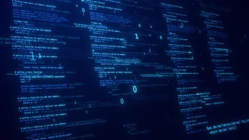 Dark Blue Matrix: Cybersecurity Concept with Hacking Code and Artificial Intelligence