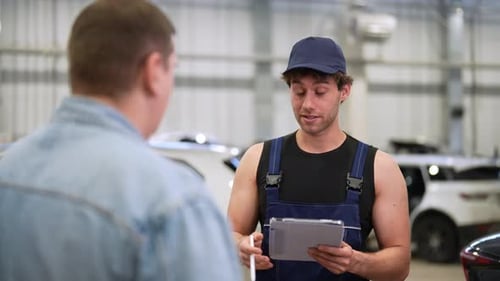 Male Garage Worker in Uniform and Man Customer Talking to Discuss Details of Car Repairs Auto