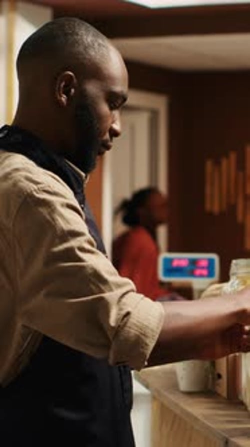 Vertical Video African American Farmer Opening Local Zero Waste Store