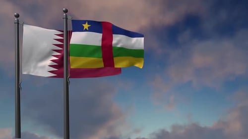Qatar and Central African Republic Flags Waving with Clouds