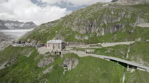 Aerial view of a serpentine road in the swiss alps, Furka Pass, Switzerland.