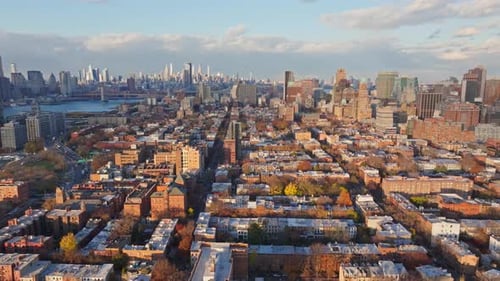 Lower Manhattan Skyline Across the East River From Residential District of Williamsburg Brooklyn