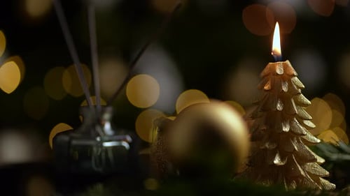 Golden Christmas Tree Candle and Holiday Ornaments