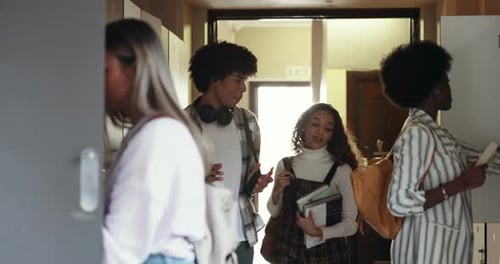 University, hallway and friends in college talking for class, lesson and learning at academy