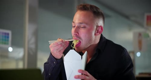 Businessman, eating or ramen noodles in office, nutrition or online for reading on desktop