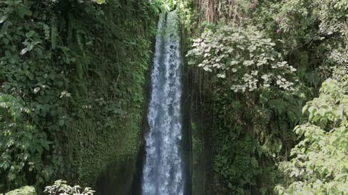 Drone View of Narrow Stream Plunging Down Mossy Tropical Jungle Waterfall in Ubud Bali