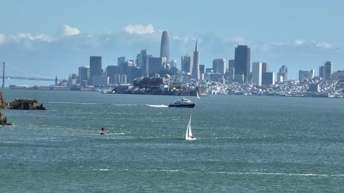San Francisco Bay Ferry and Alcatraz with San Francisco City Skyline Background