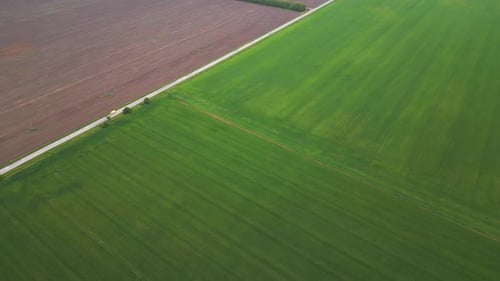 Aerial View of Vast Agricultural Fields with Lush Green Crops and Brown Plowed Soil Geometric Rural