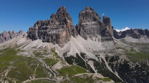 Aerial landscape of Tre Cime di lavaredo mountains in Sexten Dolomites, Alps