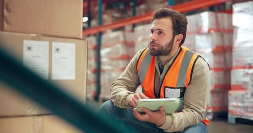 Inspection, thinking and man in warehouse with tablet, coordination and distribution